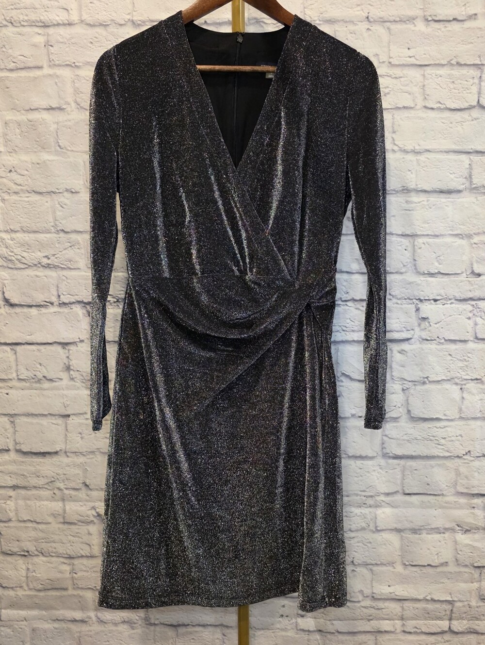 Tommy Hilfiger Black Silver Shimmer Faux Wrap Holiday Party Dress - Size 8